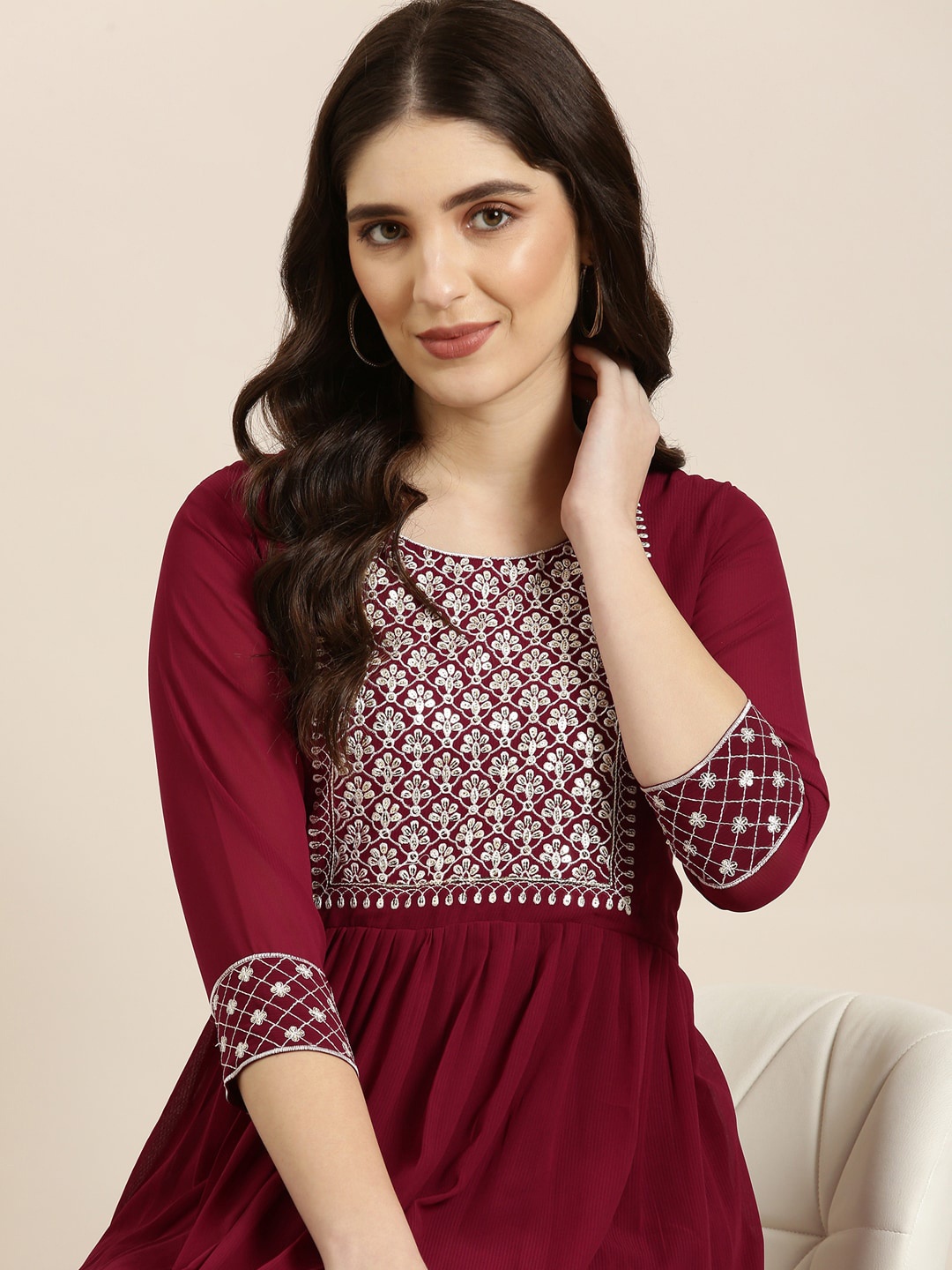

SHOWOFF Ethnic Motifs Embroidered Sequinned Georgette Anarkali Kurta, Magenta