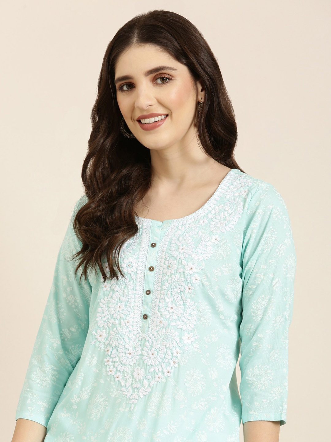 

SHOWOFF Floral Printed Thread Work Kurta, Sea green