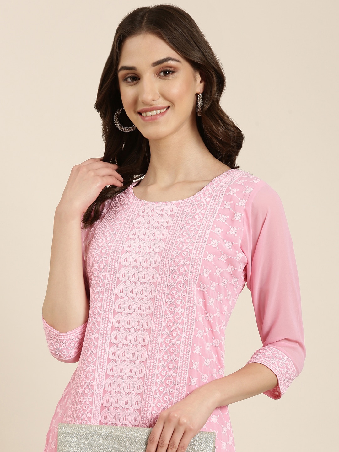 

SHOWOFF Ethnic Motif Embroidered Chikankari Straight Kurta, Pink