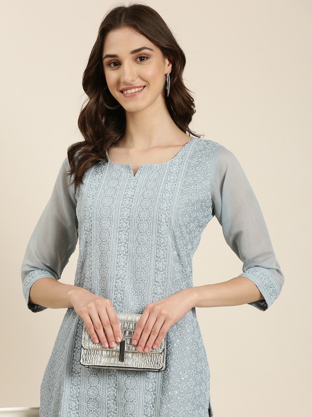 

SHOWOFF Ethnic Motif Embroidered Straight Kurta, Blue