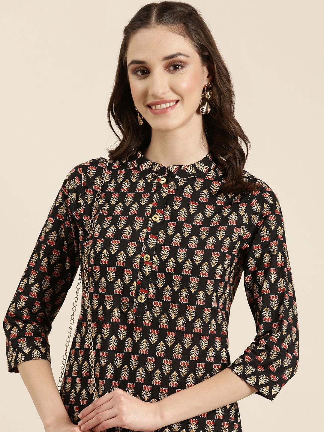 

SHOWOFF Ethnic Motifs Printed Straight Kurta, Black