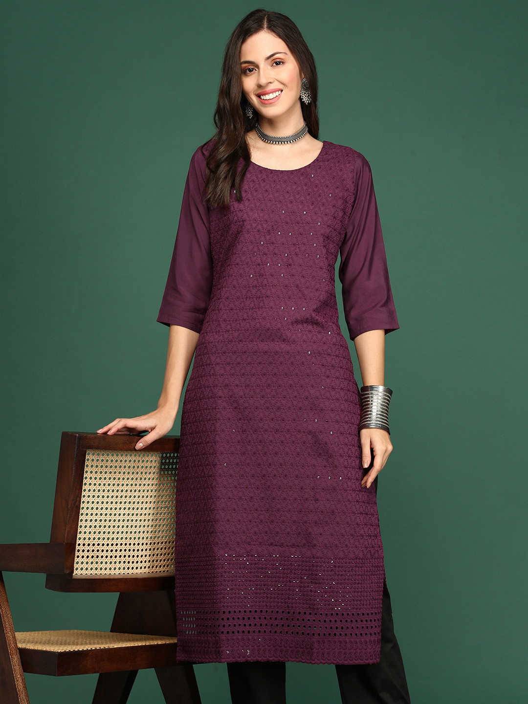 

SHOWOFF Ethnic Motif Embroidered Straight Kurta, Purple