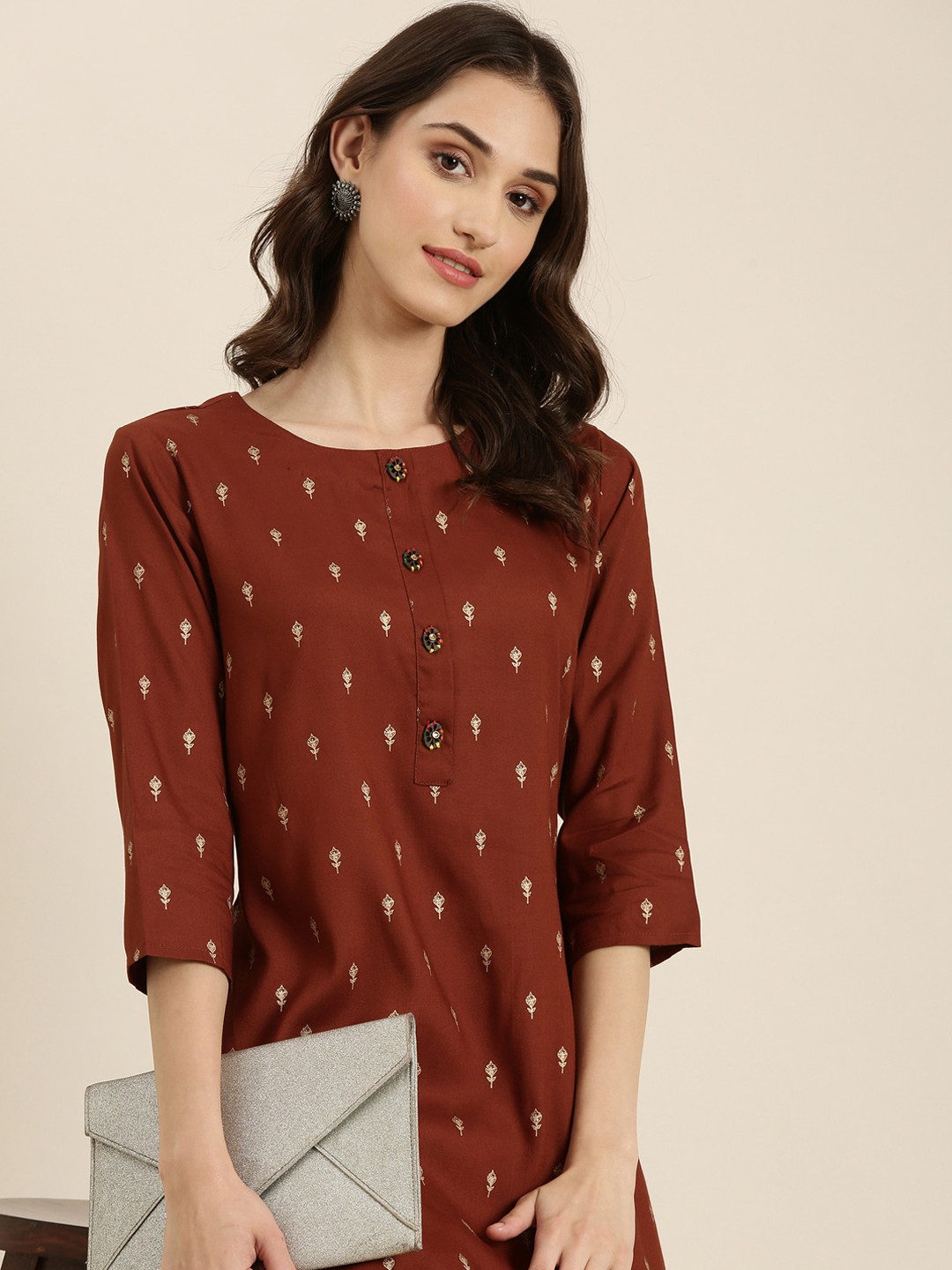 

SHOWOFF Ethnic Motif Printed Straight Kurta, Brown