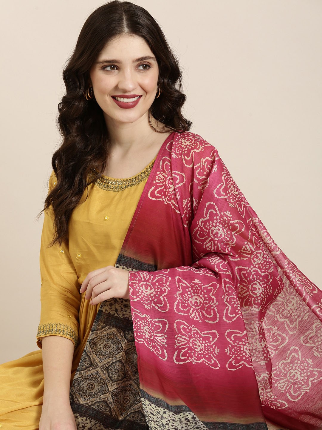 

SHOWOFF Embellished Mirror Work Sequined Tiered Anarkali Kurta With Dupatta, Mustard