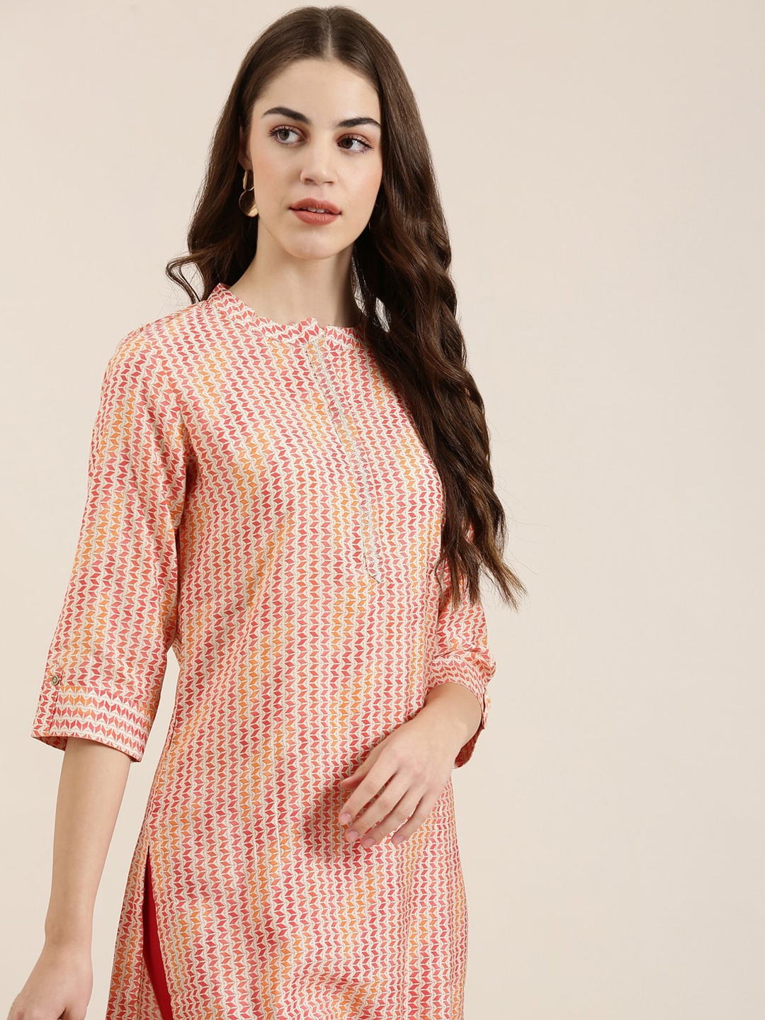 

SHOWOFF Ethnic Motifs Printed Mandarin Collar Roll-Up Sleeves Kurta, Peach
