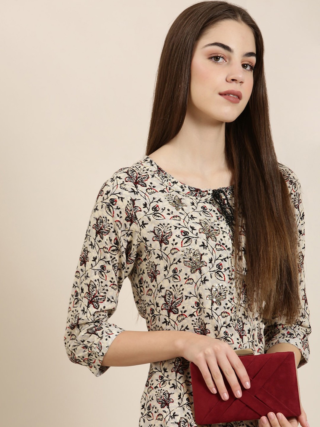 

SHOWOFF Floral Printed Tie-Up Neck Sequined Kurta, Cream