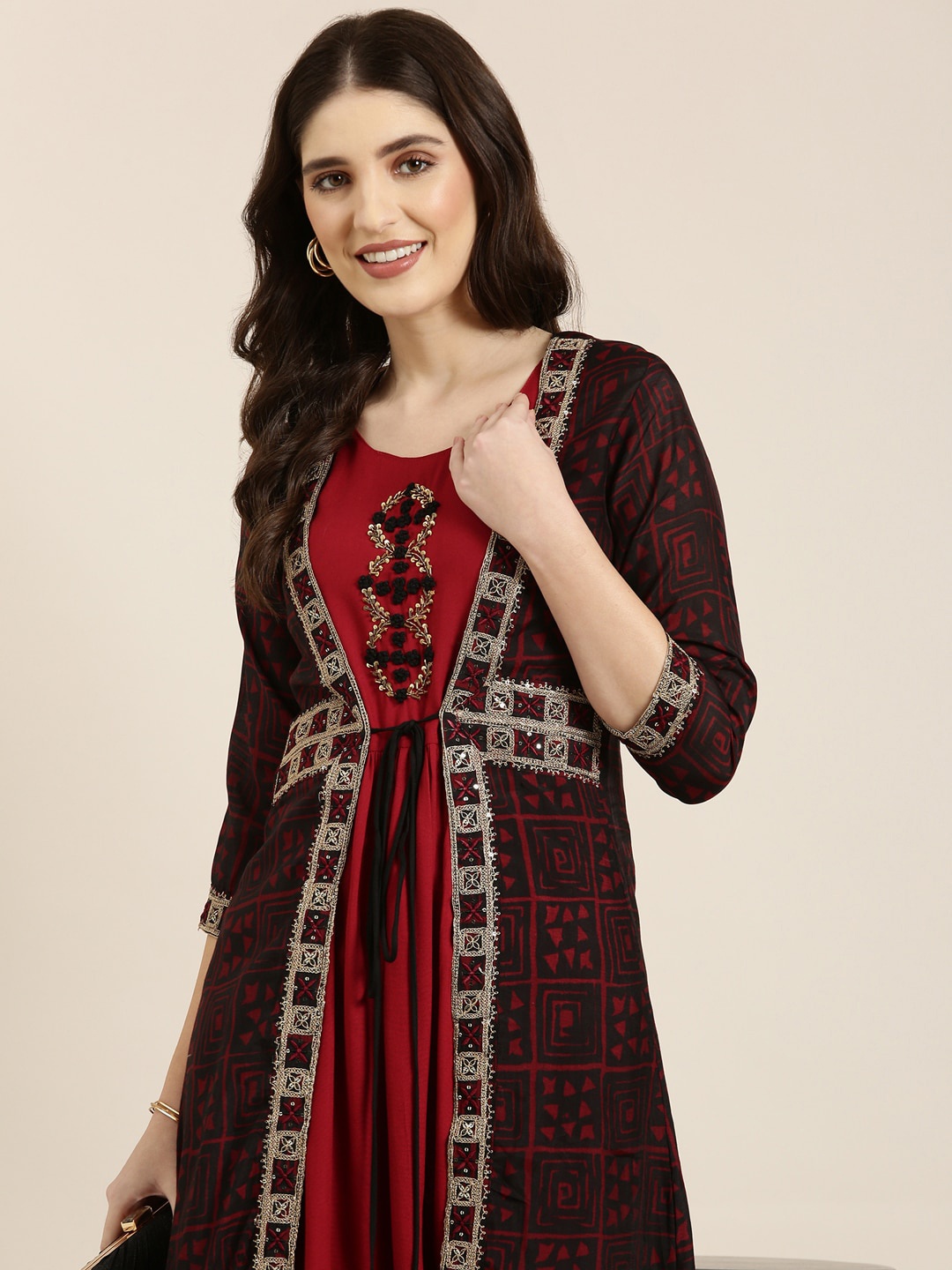 

SHOWOFF Thread Work Beads & Stones Anarkali Kurta With Jacket, Maroon