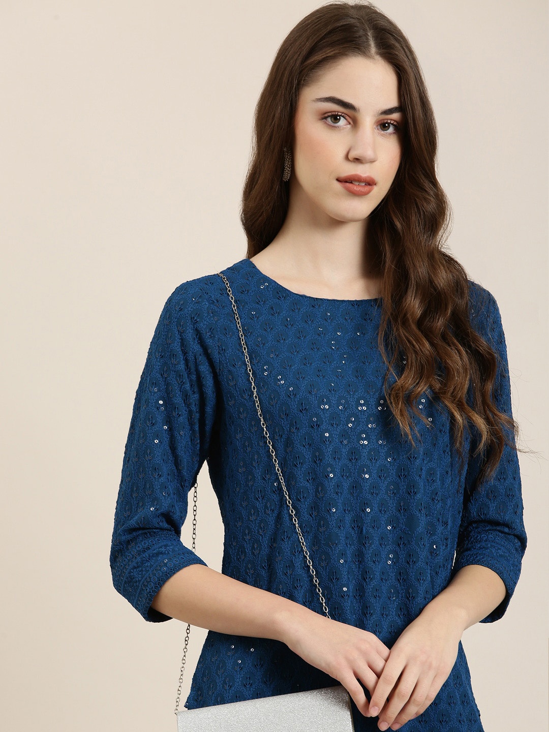 

SHOWOFF Ethnic Motifs Embrpoidered Sequined Kurta, Teal