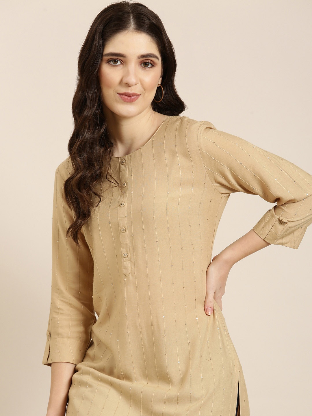 

SHOWOFF Striped Sequined Roll-Up Sleeves Thread Work Kurta, Beige