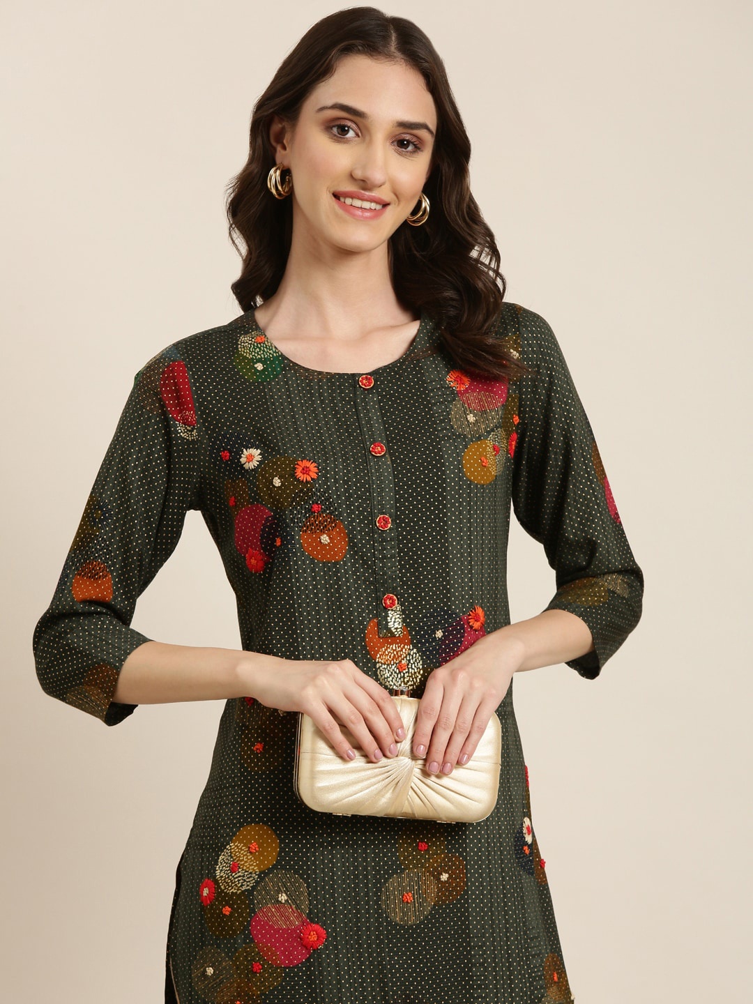 

SHOWOFF Geometric Printed Thread Wok Straight Kurta, Green