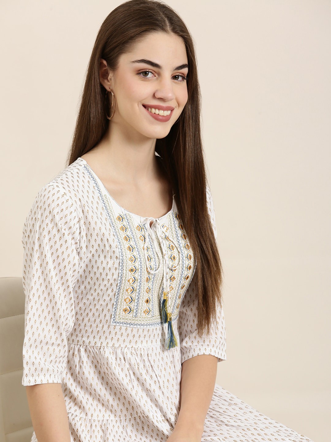 

SHOWOFF Floral Printed Mirror Work Cotton Anarkali Kurta, Off white