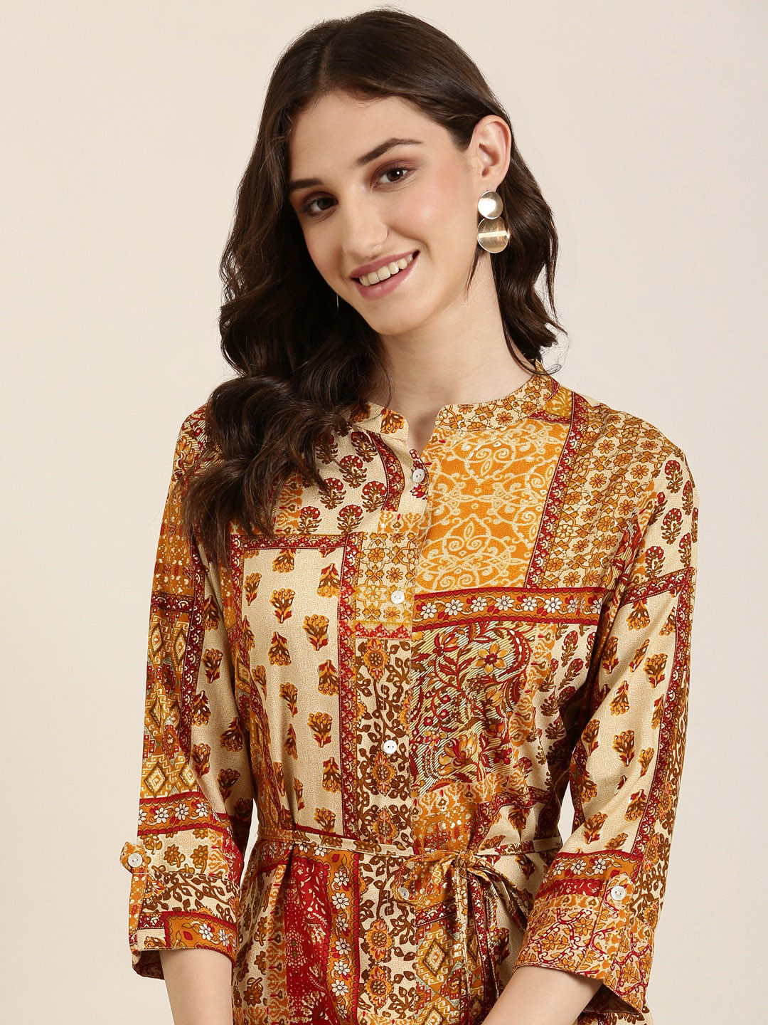 

SHOWOFF Ethnic Motifs Printed A-Line Cotton Kurta, Mustard