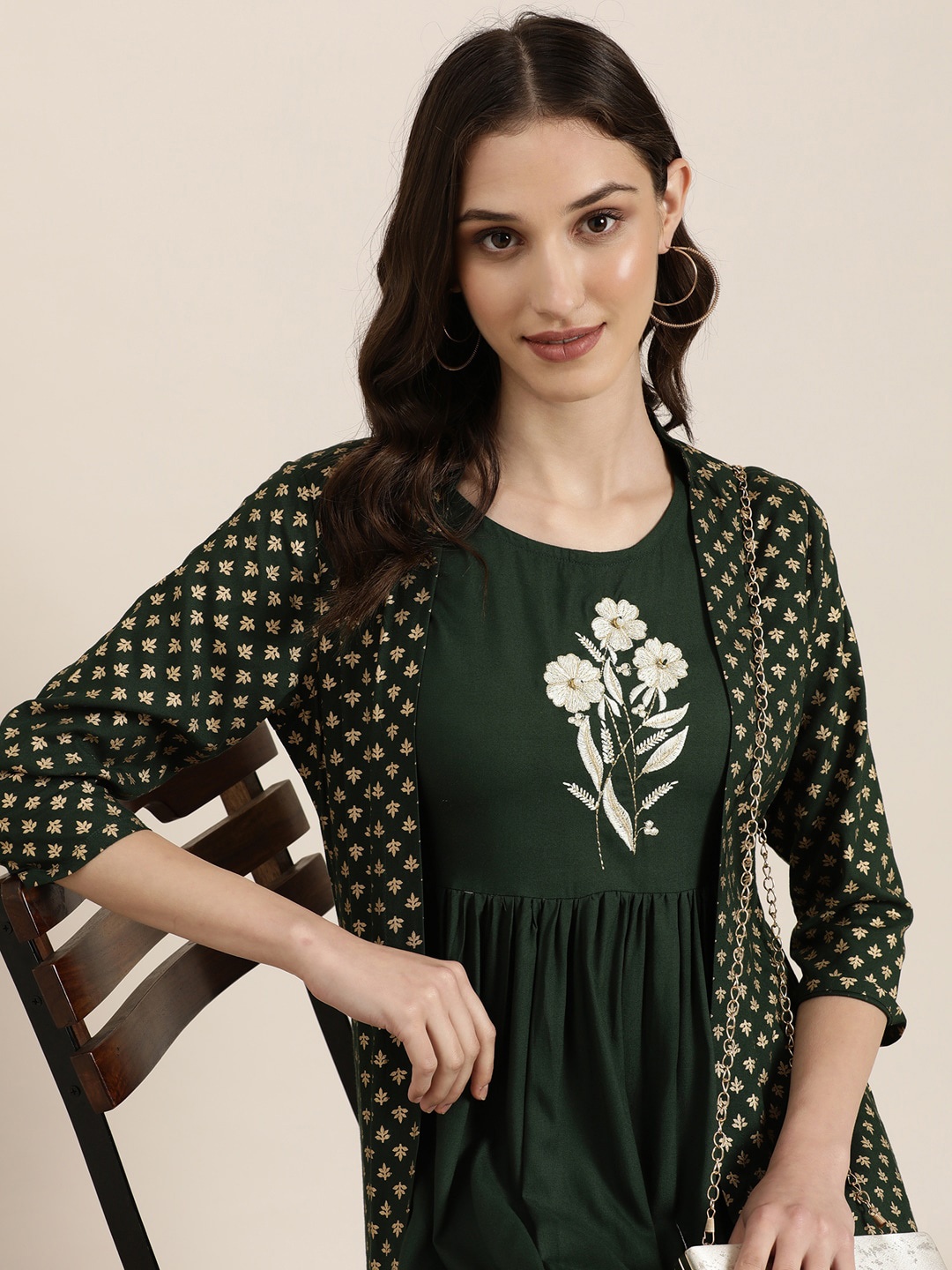 SHOWOFF Floral Embroidered Anarkali Kurta With Longline Jacket, Green