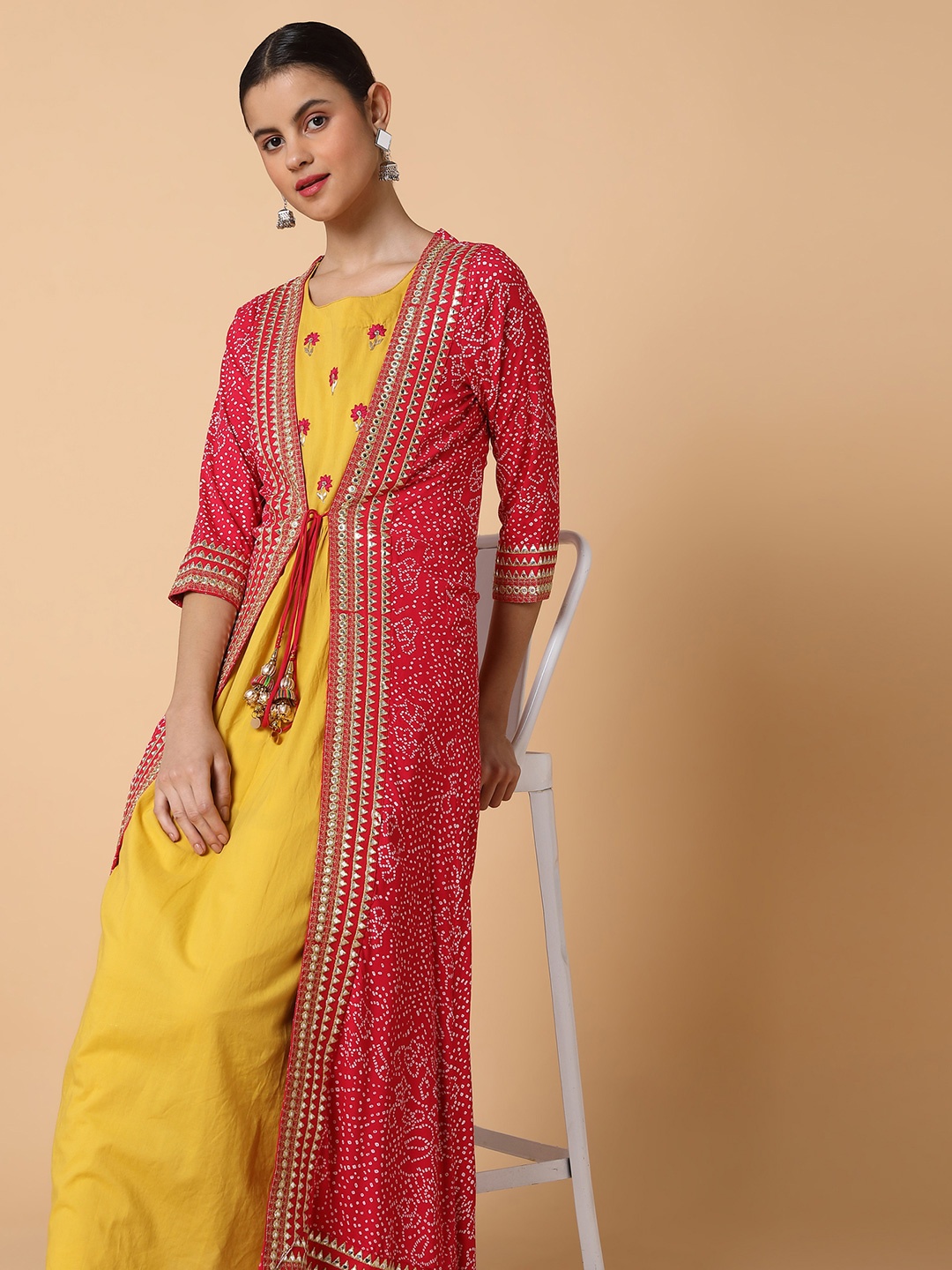 

SHOWOFF Embroidered Beaded Anarkali Kurta With Longline Jacket, Mustard