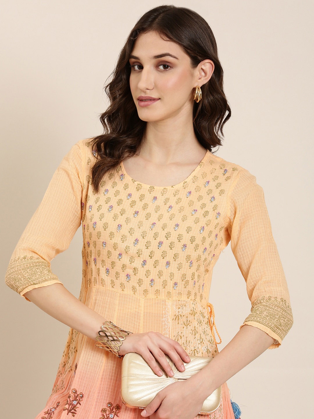 

SHOWOFF Ethnic Motifs Printed Beaded Anarkali Cotton Kurta, Peach