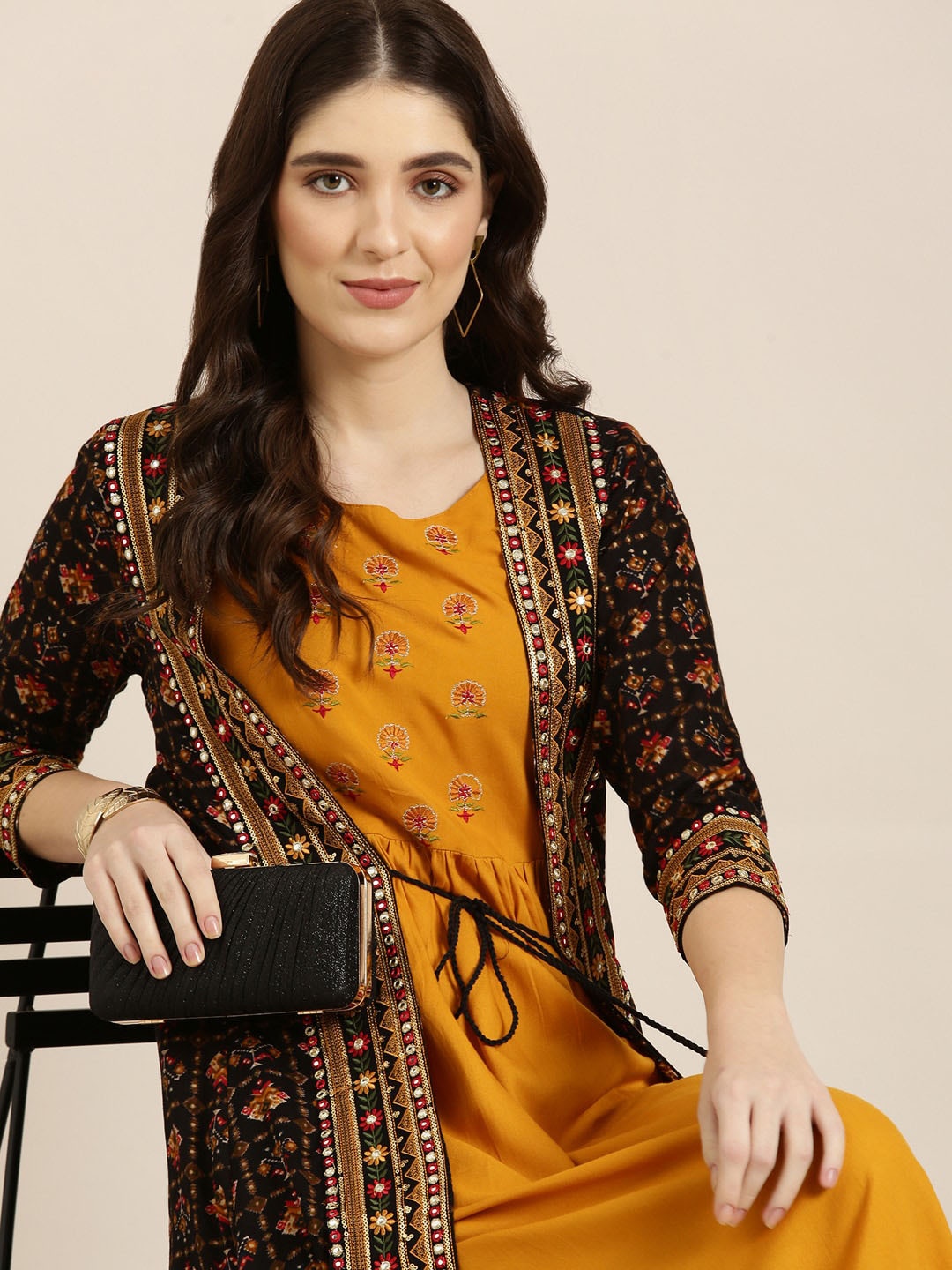 

SHOWOFF Ethnic Motifs Printed A-line Cotton Kurta With Longline Jacket, Mustard