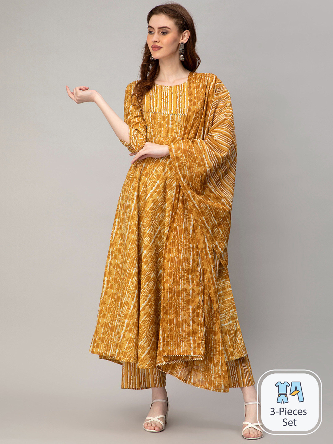 

CELEBRAVO Floral Printed Empire Pure Cotton A-Line Kurta With Trousers & Dupatta, Yellow