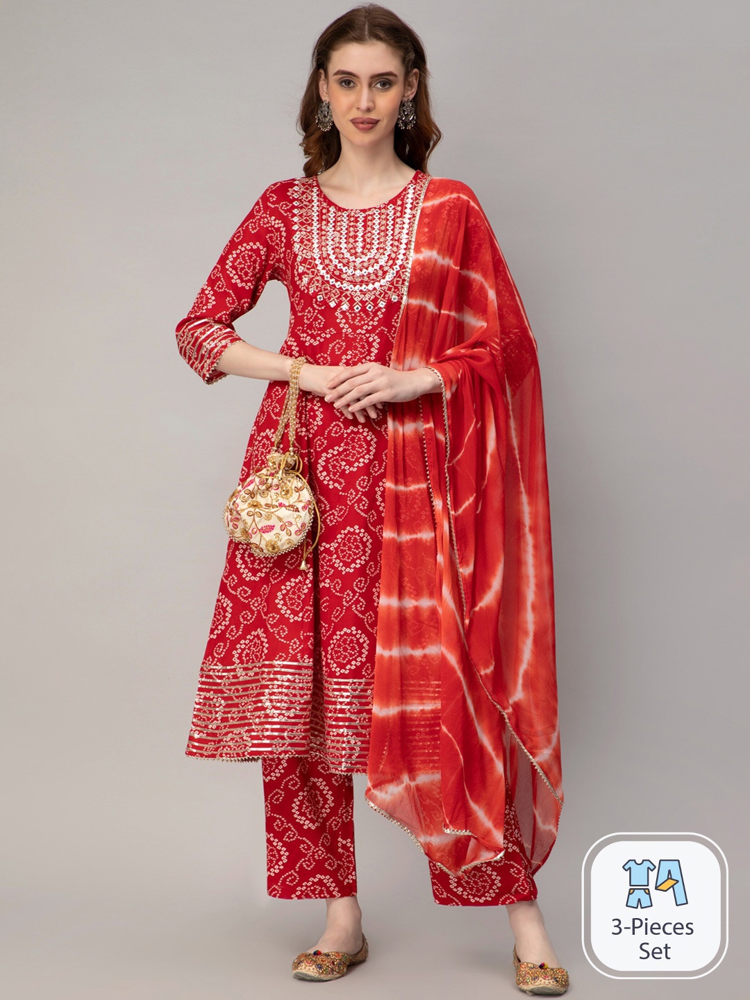

CELEBRAVO Bandhani Printed Mirror Work Straight Kurta With Trousers & Dupatta, Red