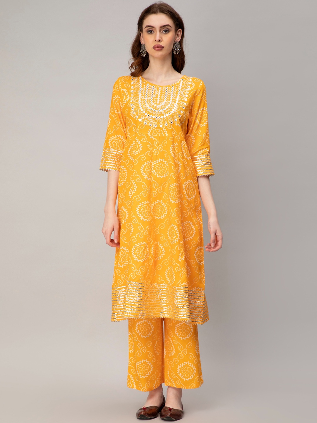 

CELEBRAVO Bandhani Printed Mirror Work Anarkali Kurta With Trousers & Dupatta, Yellow