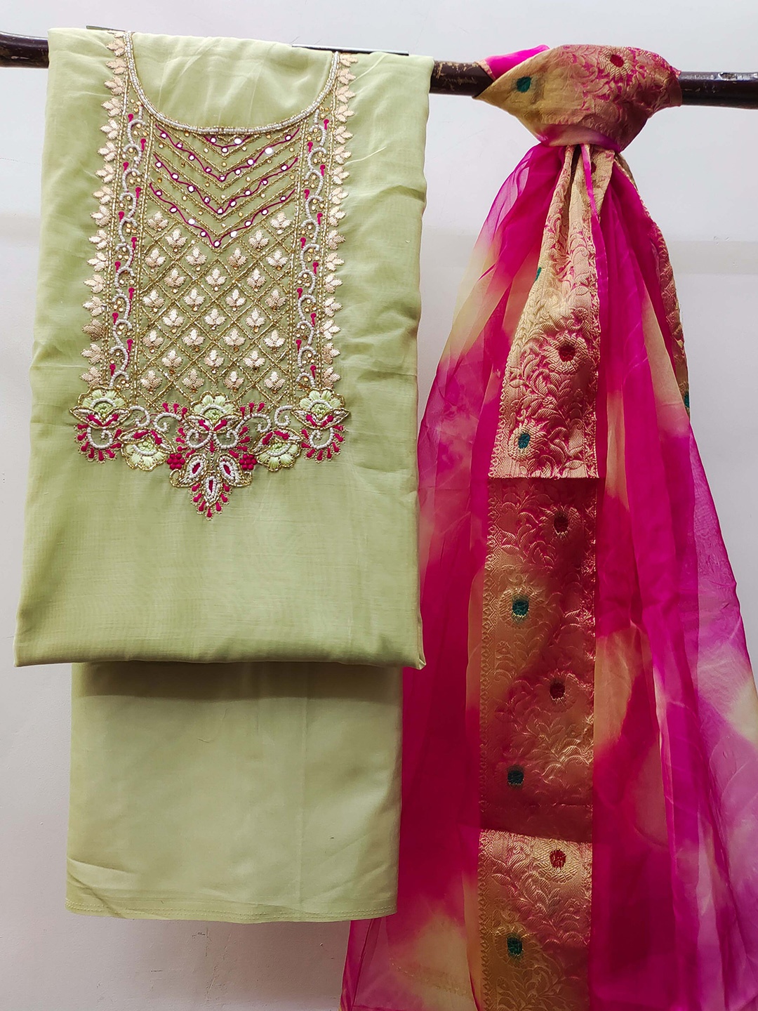 

KALINI Floral Embellished Mirror Work Unstitched Dress Material, Green