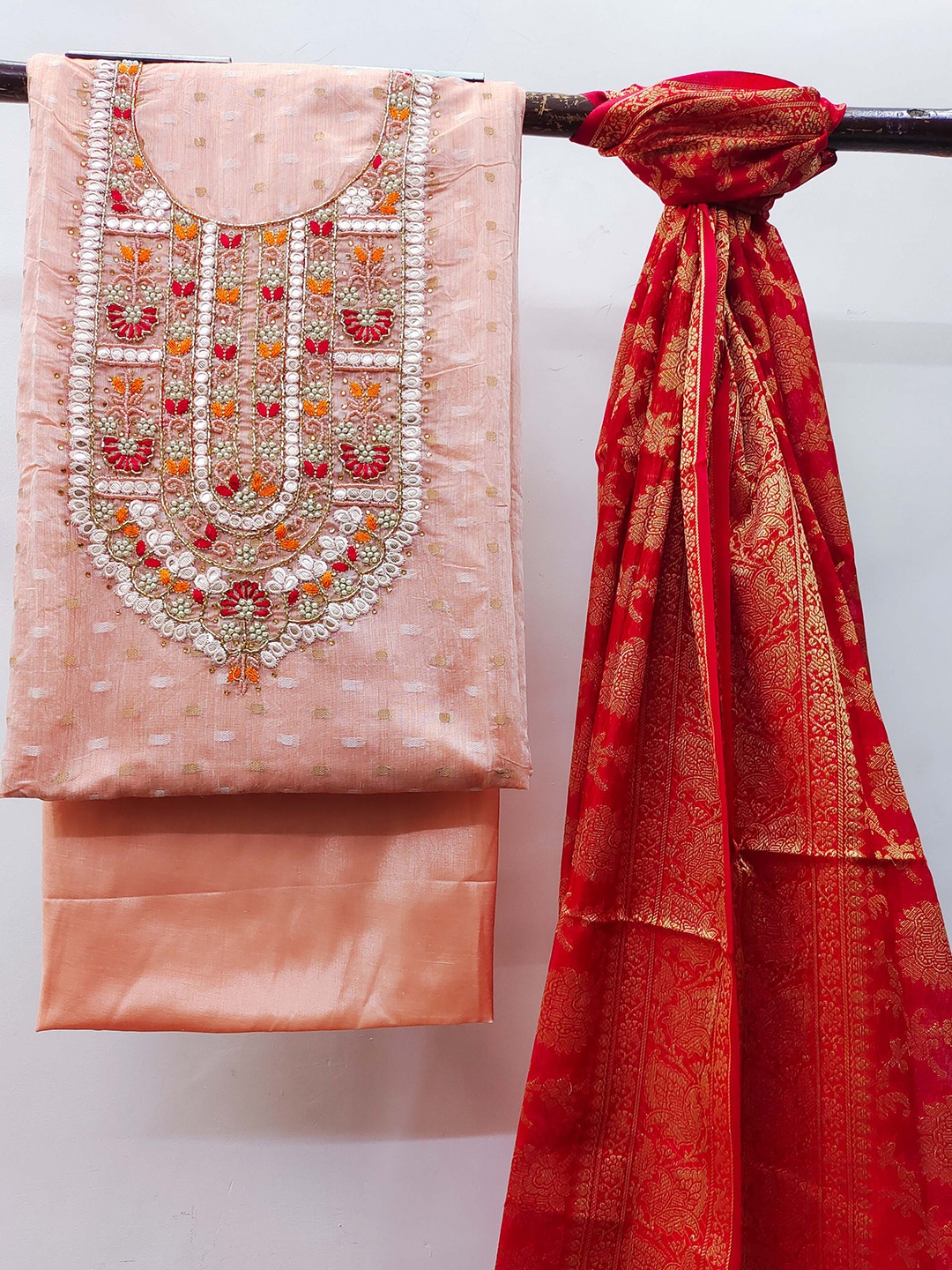 

KALINI Embellished Beaded Unstitched Dress Material, Peach