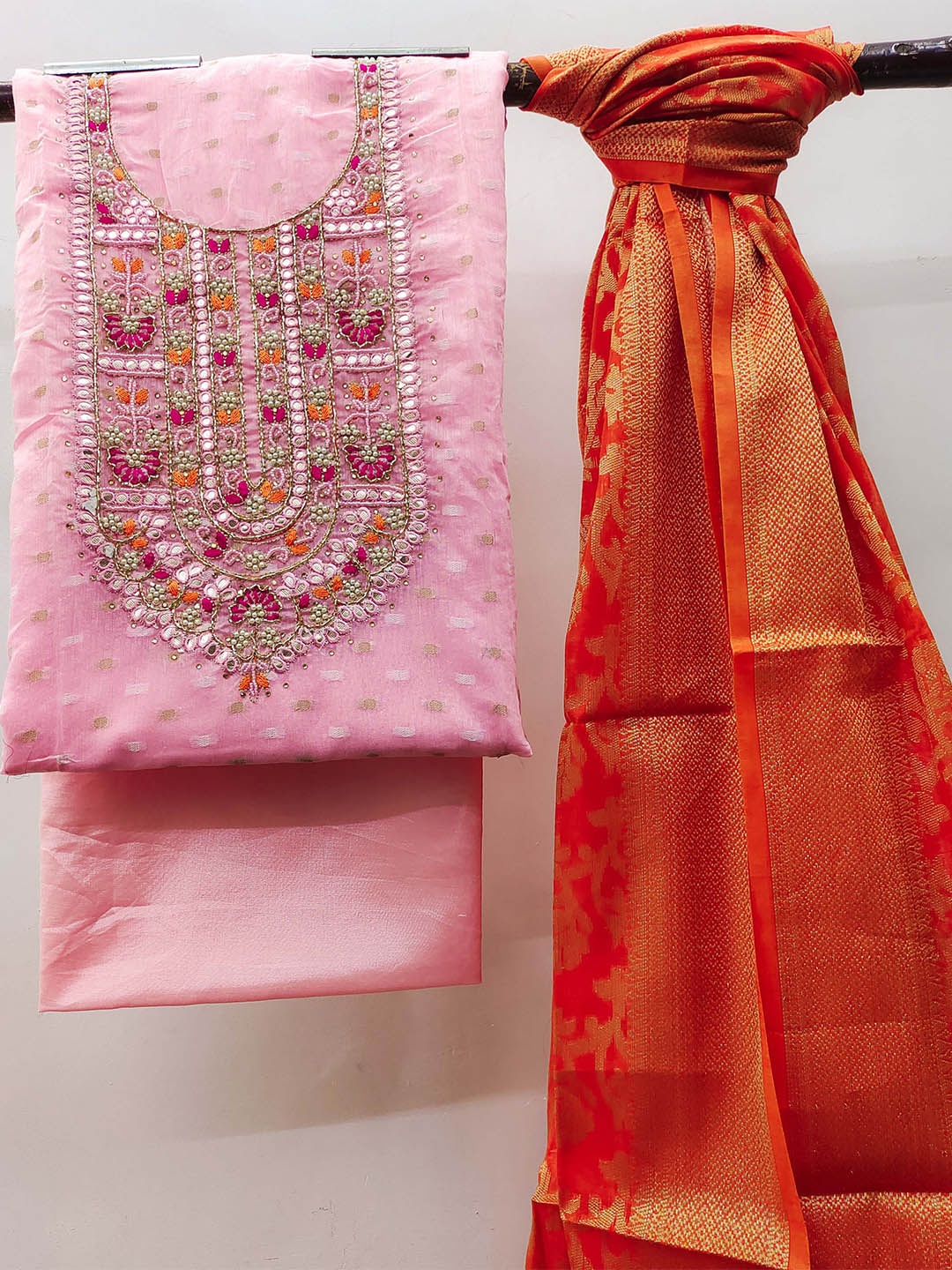 

KALINI Ethnic Motifs Embellished Unstitched Dress Material, Pink