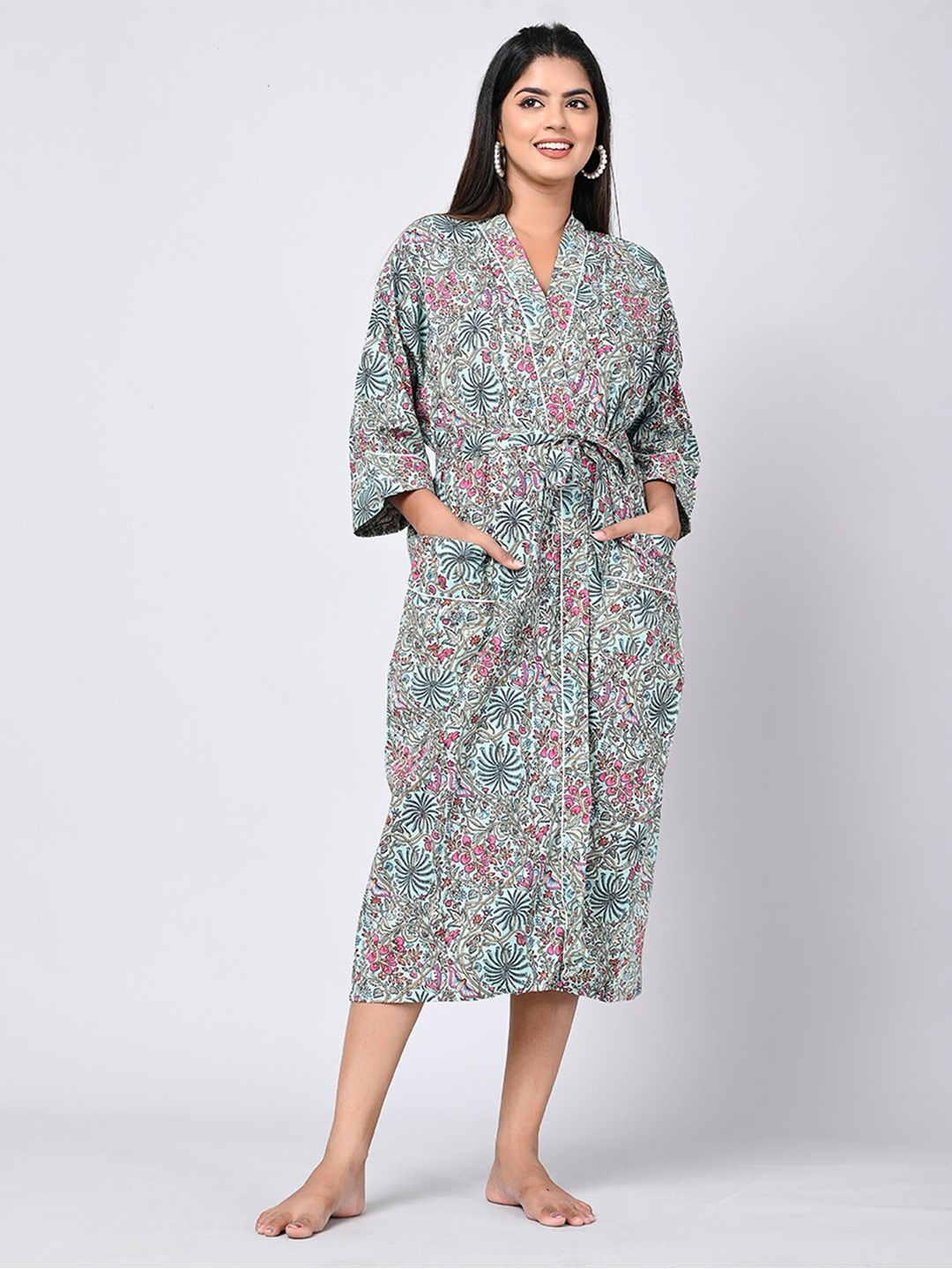 

SHOOLIN Floral Printed Pure Cotton Wrap Nightdress, Green