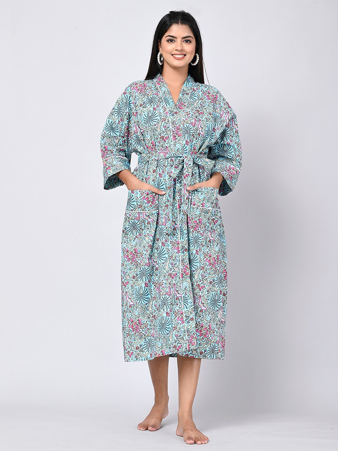 

SHOOLIN Floral Printed Pure Cotton Wrap Nightdress, Blue
