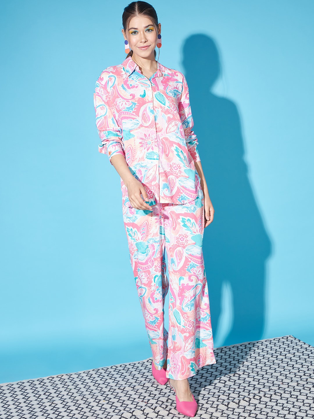 

Cation Pink Floral Printed Shirt Collar Neck Shirt With Straight Trouser