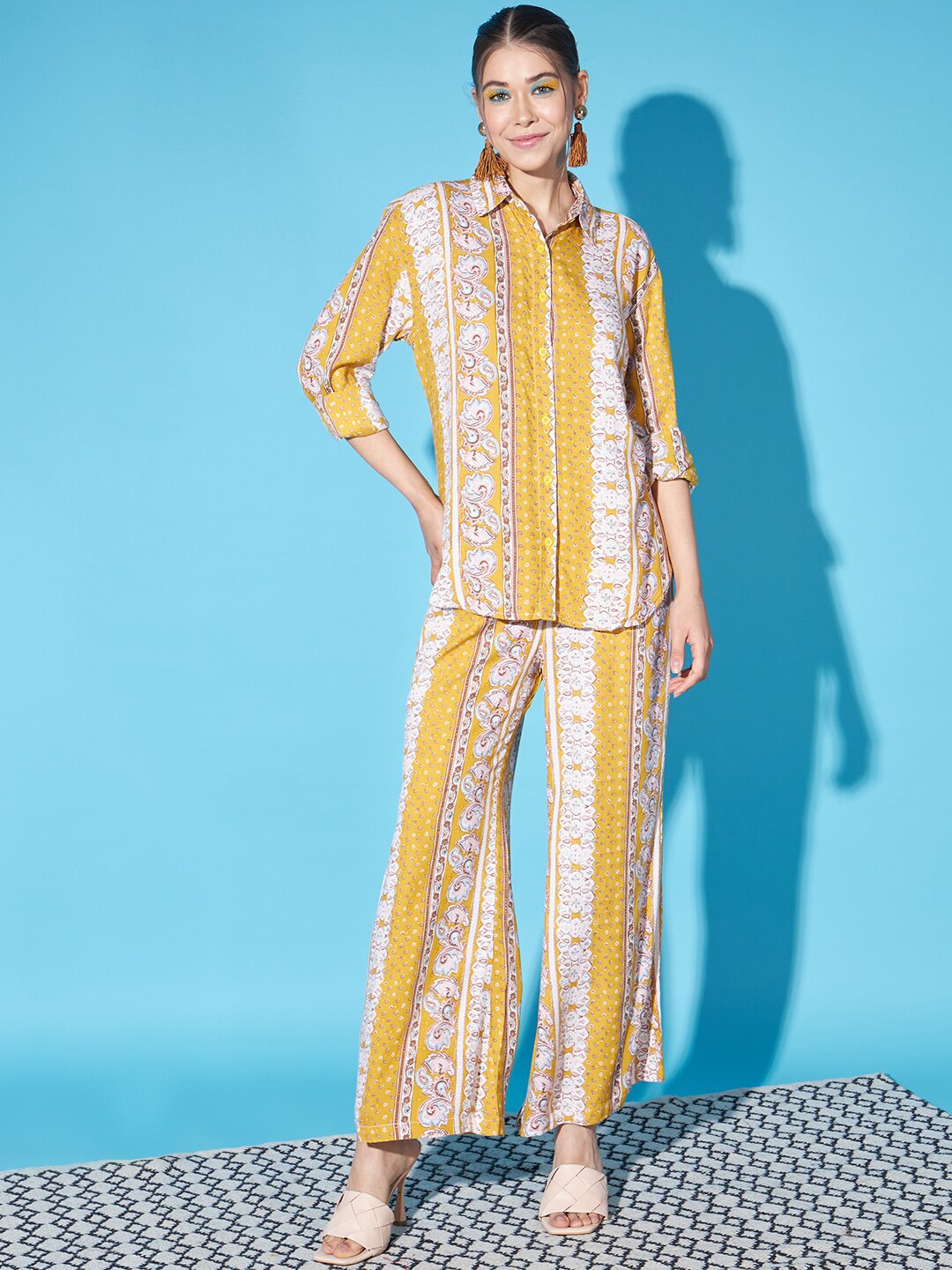 

Cation Mustard Yellow Ethnic Motifs Printed Shirt Collar Neck Shirt With Straight Trouser