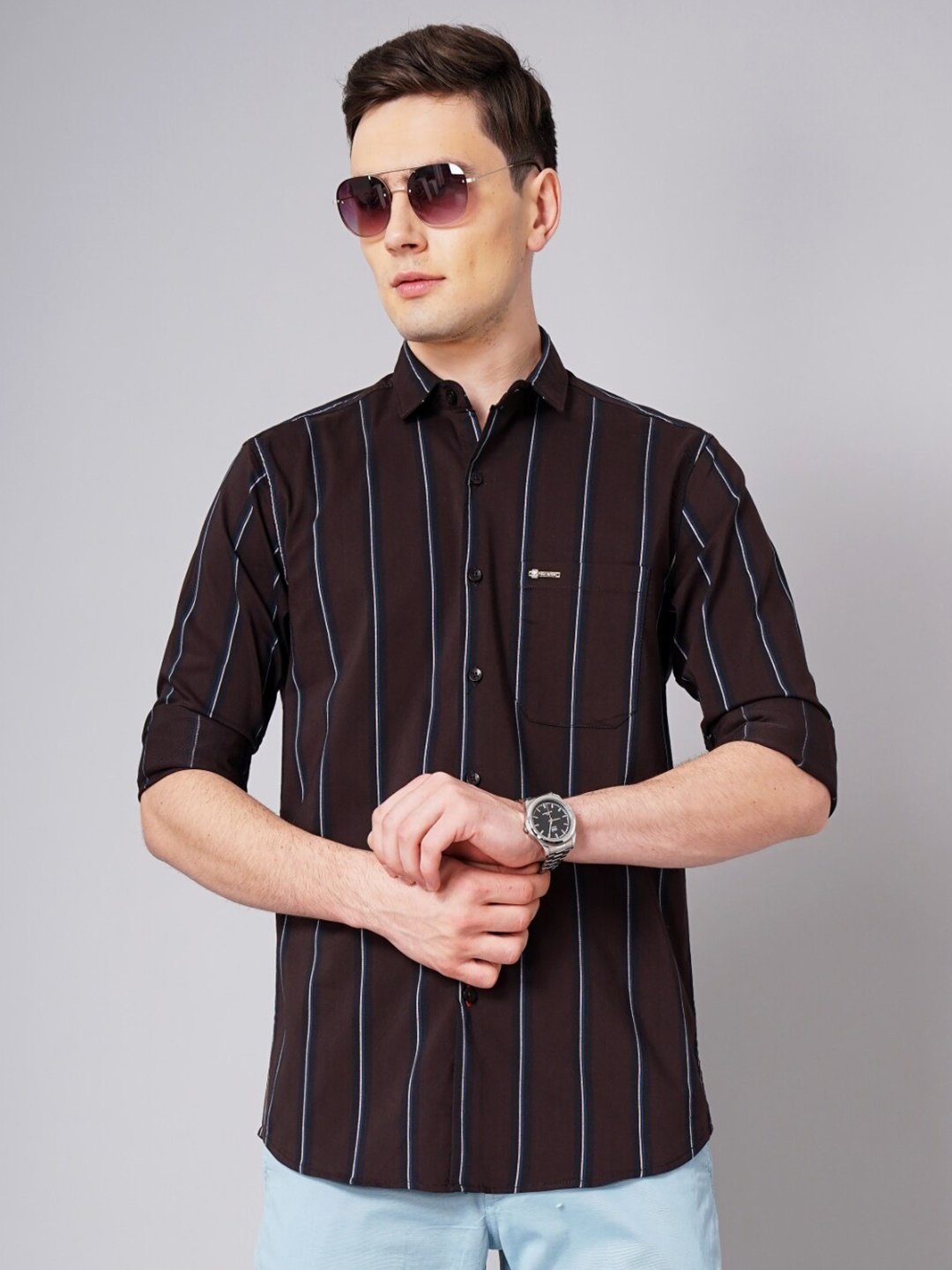 

PAUL STREET Standard Striped Slim Fit Opaque Casual Shirt, Brown