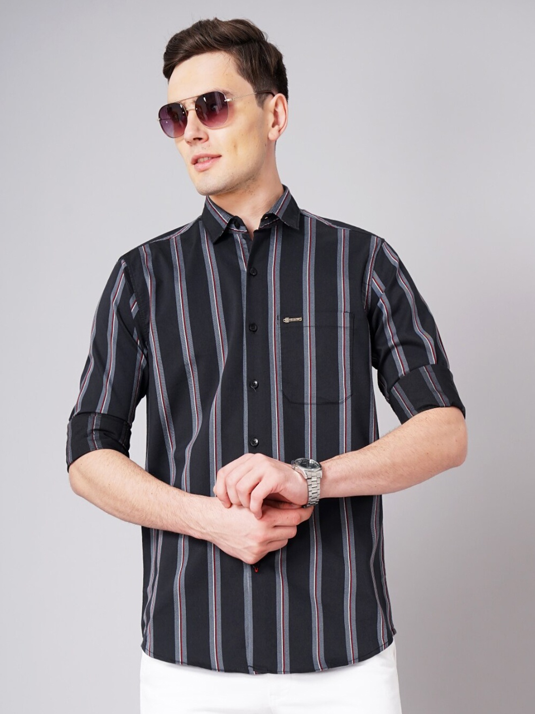 

PAUL STREET Standard Striped Slim Fit Opaque Casual Shirt, Black