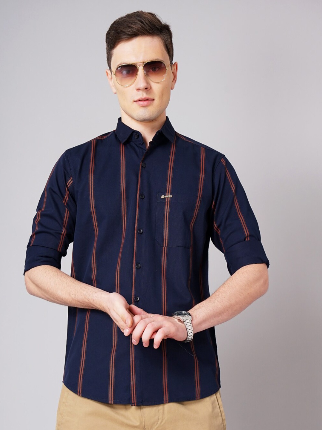 

PAUL STREET Standard Striped Slim Fit Cotton Casual Shirt, Navy blue