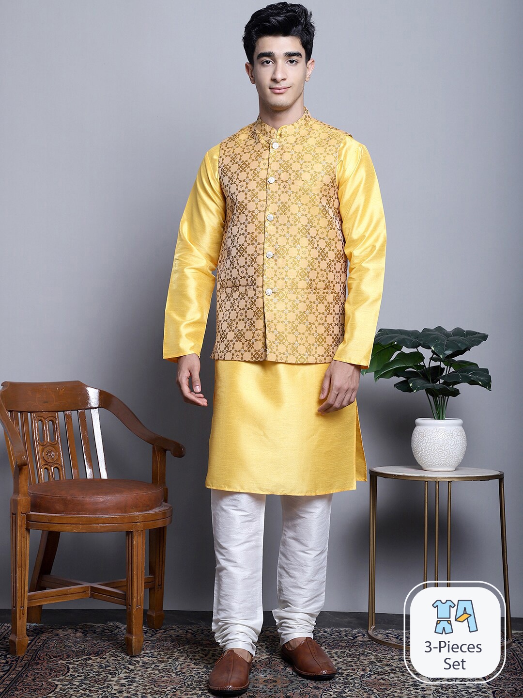 

Jompers Mandarin Collar Kurta with Churidar & Nehru Jacket, Mustard