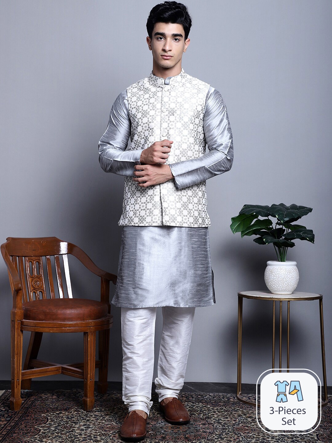 

Jompers Mandarin Collar Kurta with Churidar & Nehru Jacket, Silver