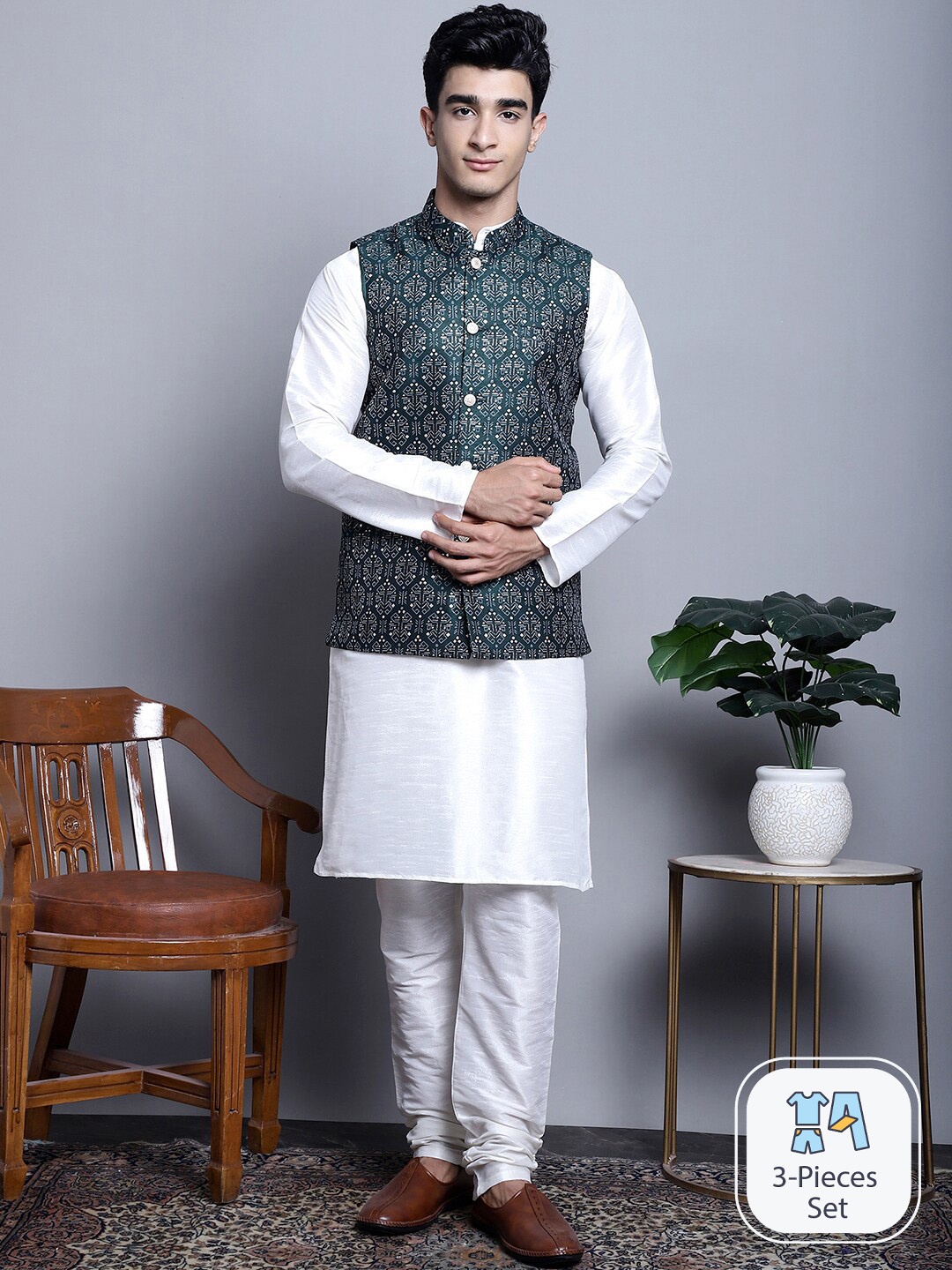 

Jompers Mandarin Collar Kurta with Churidar & Nehru Jacket, White