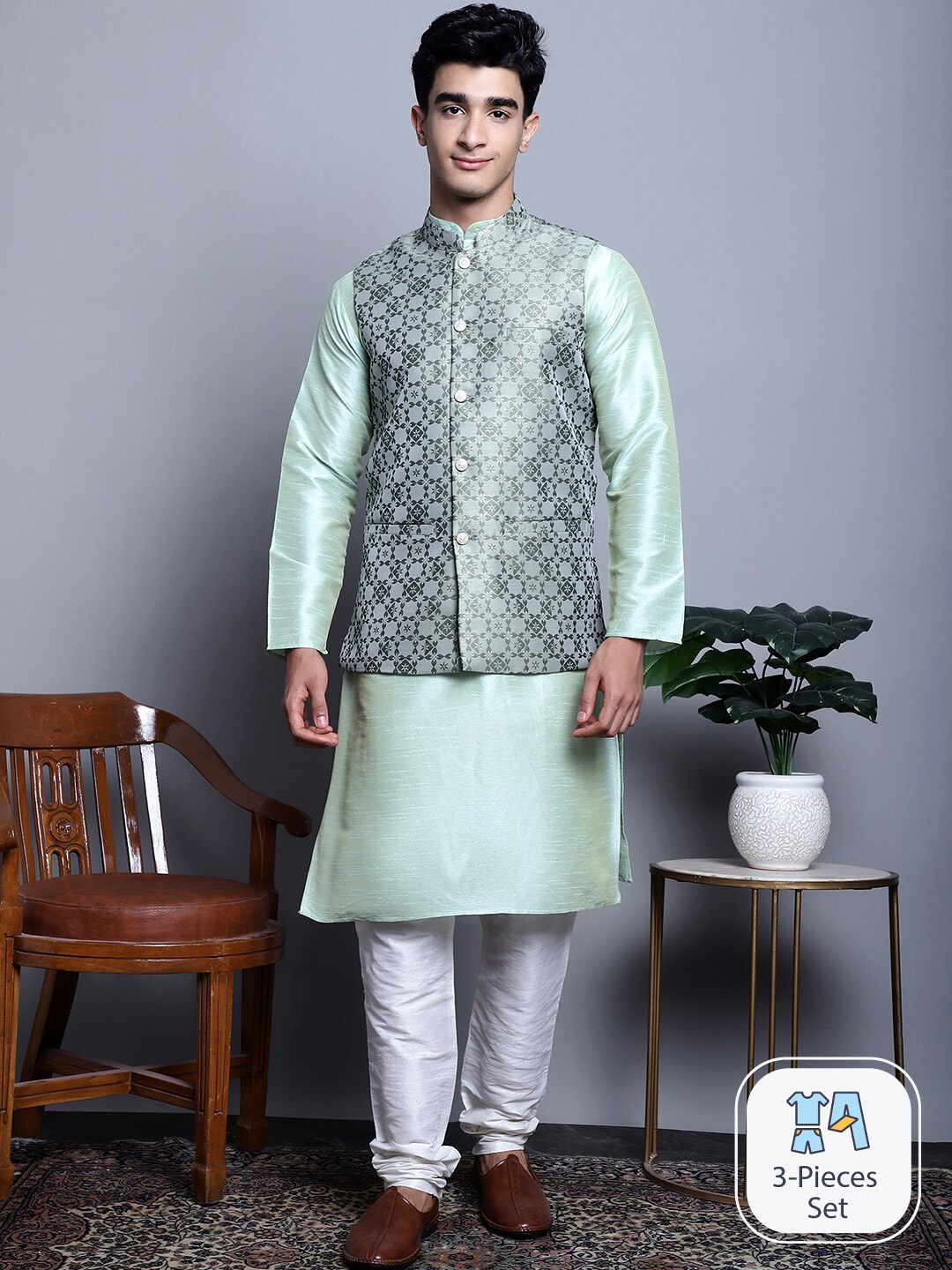 

Jompers Mandarin Collar Kurta with Churidar & Nehru Jacket, Sea green