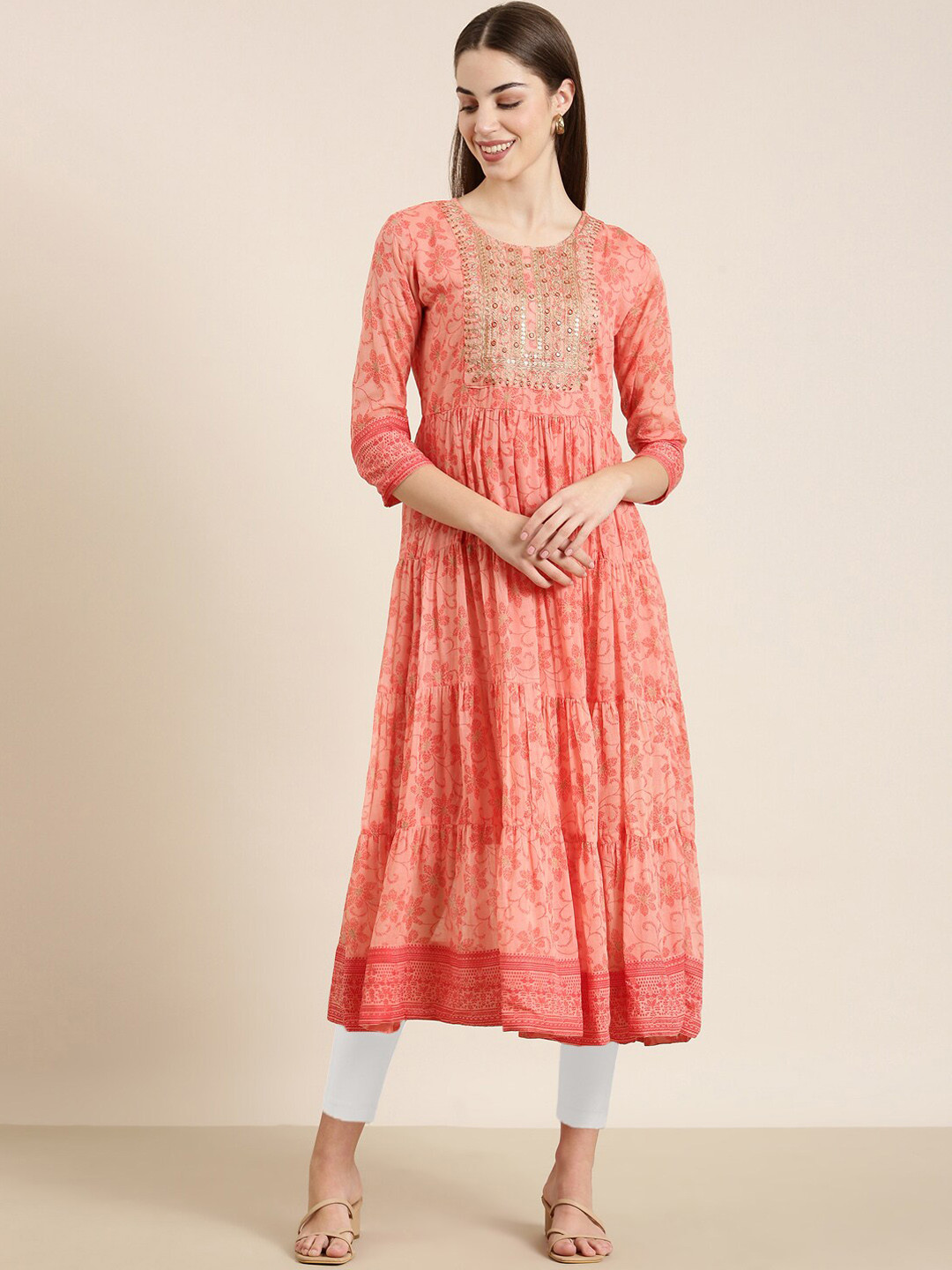 

SHOWOFF Floral Printed Cotton Kurta, Peach
