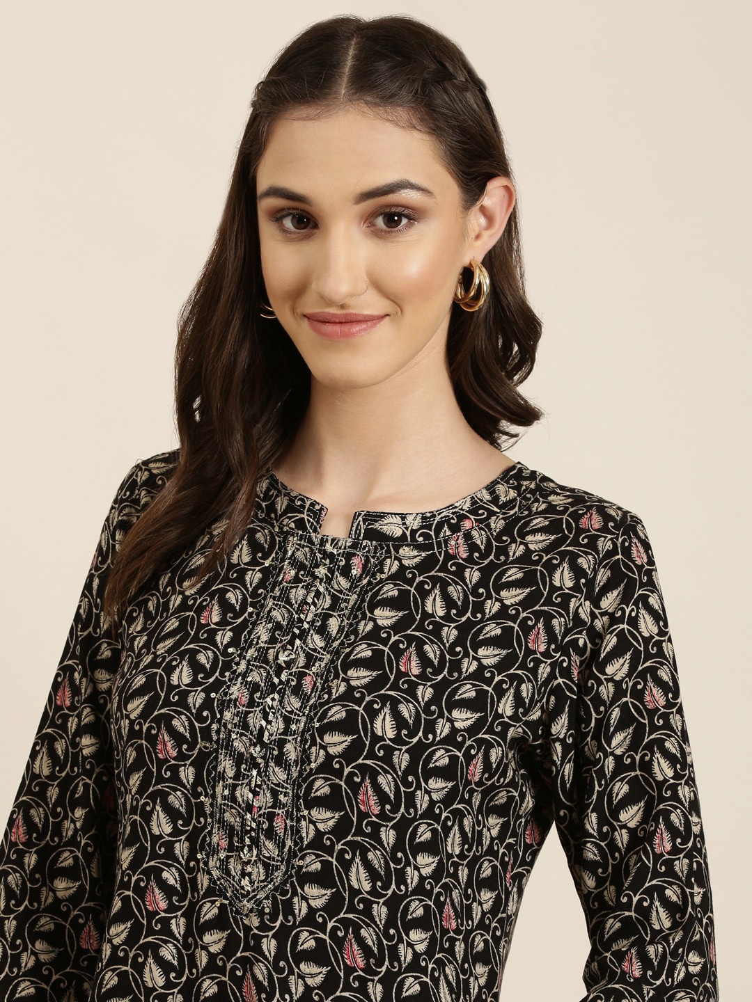 

SHOWOFF Floral Printed Mandarin Collar Cotton Straight Kurta, Black