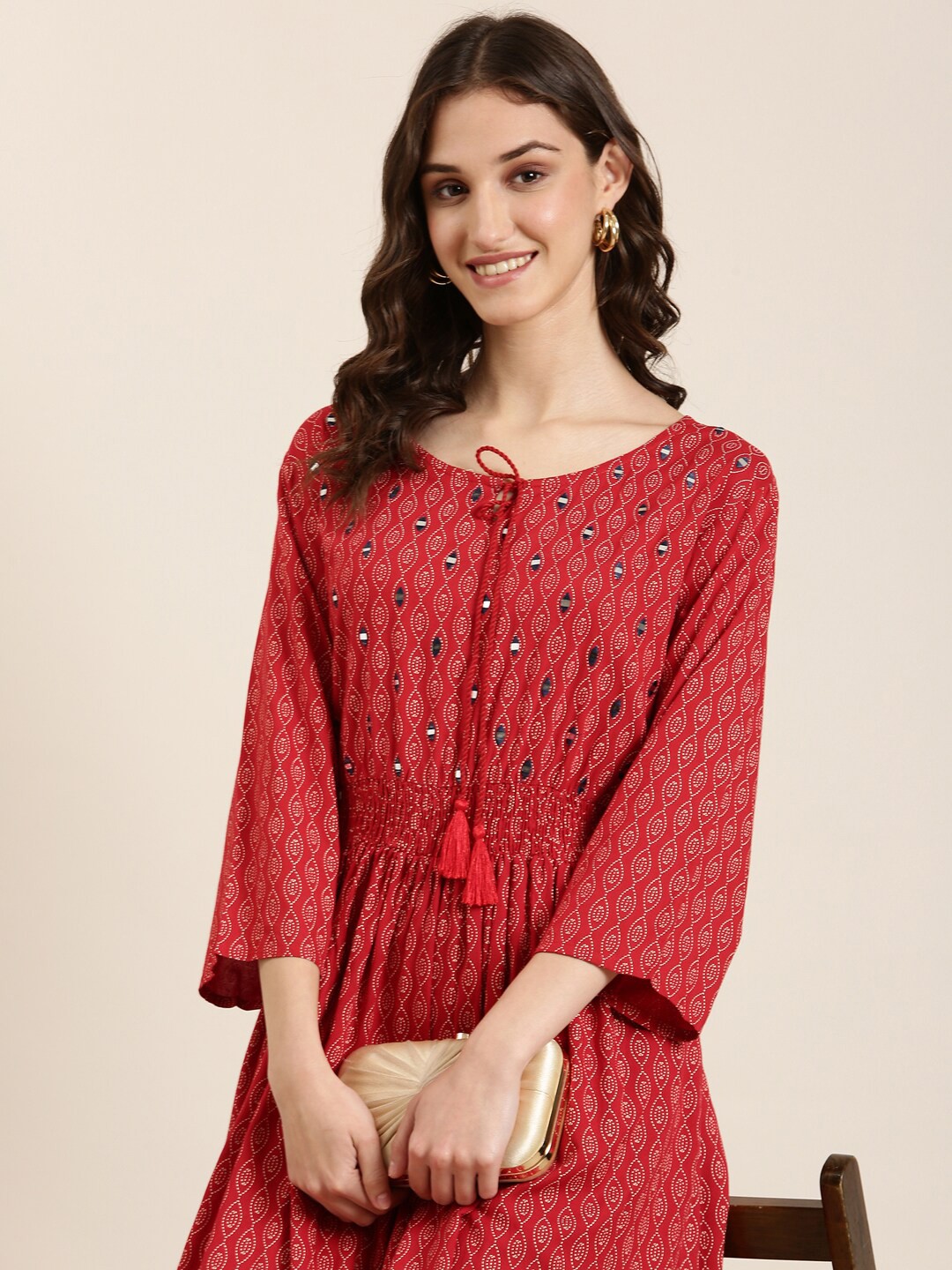 

SHOWOFF Ethnic Motifs Printed Mirror Work Pure Cotton A Line Kurta, Red