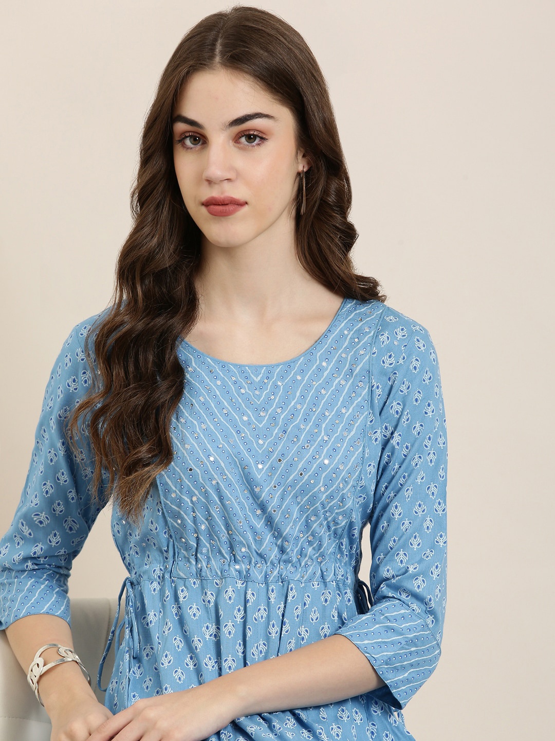 

SHOWOFF Floral Printed Pure Cotton Anarkali Kurta, Blue