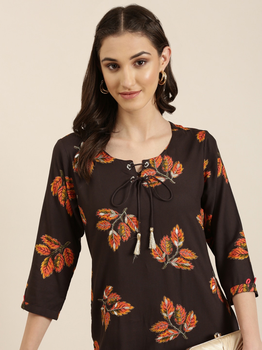SHOWOFF Floral Printed Pure Cotton Straight Kurta, Coffee brown