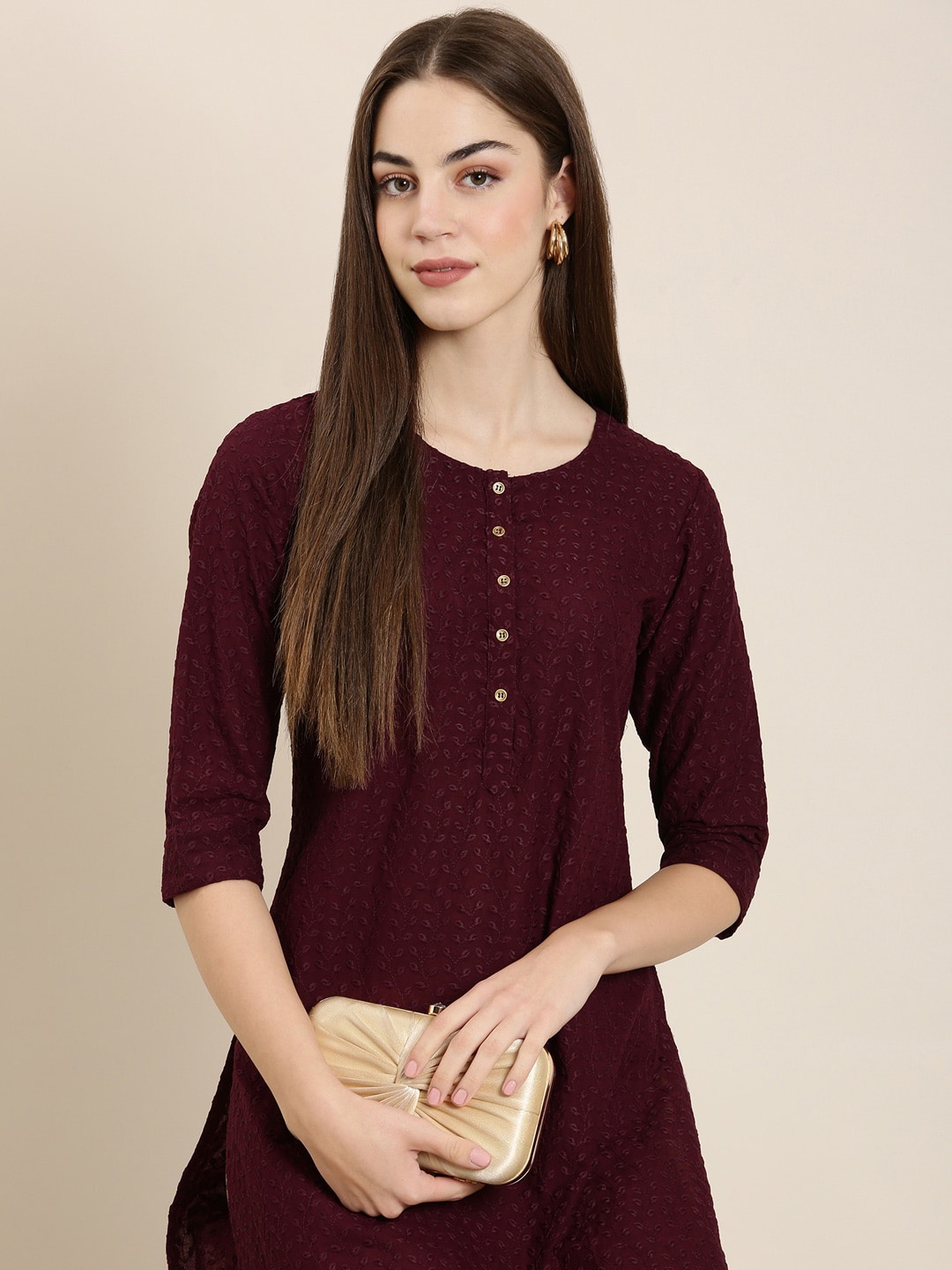

SHOWOFF Floral Embroidered Sraight Kurta, Burgundy