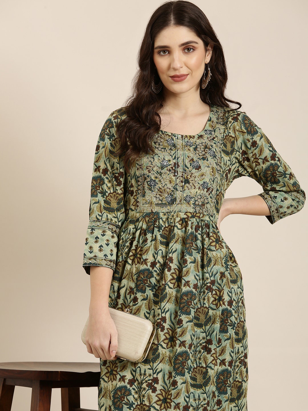SHOWOFF Floral Printed Thread Work A-Line Kurta, Grey