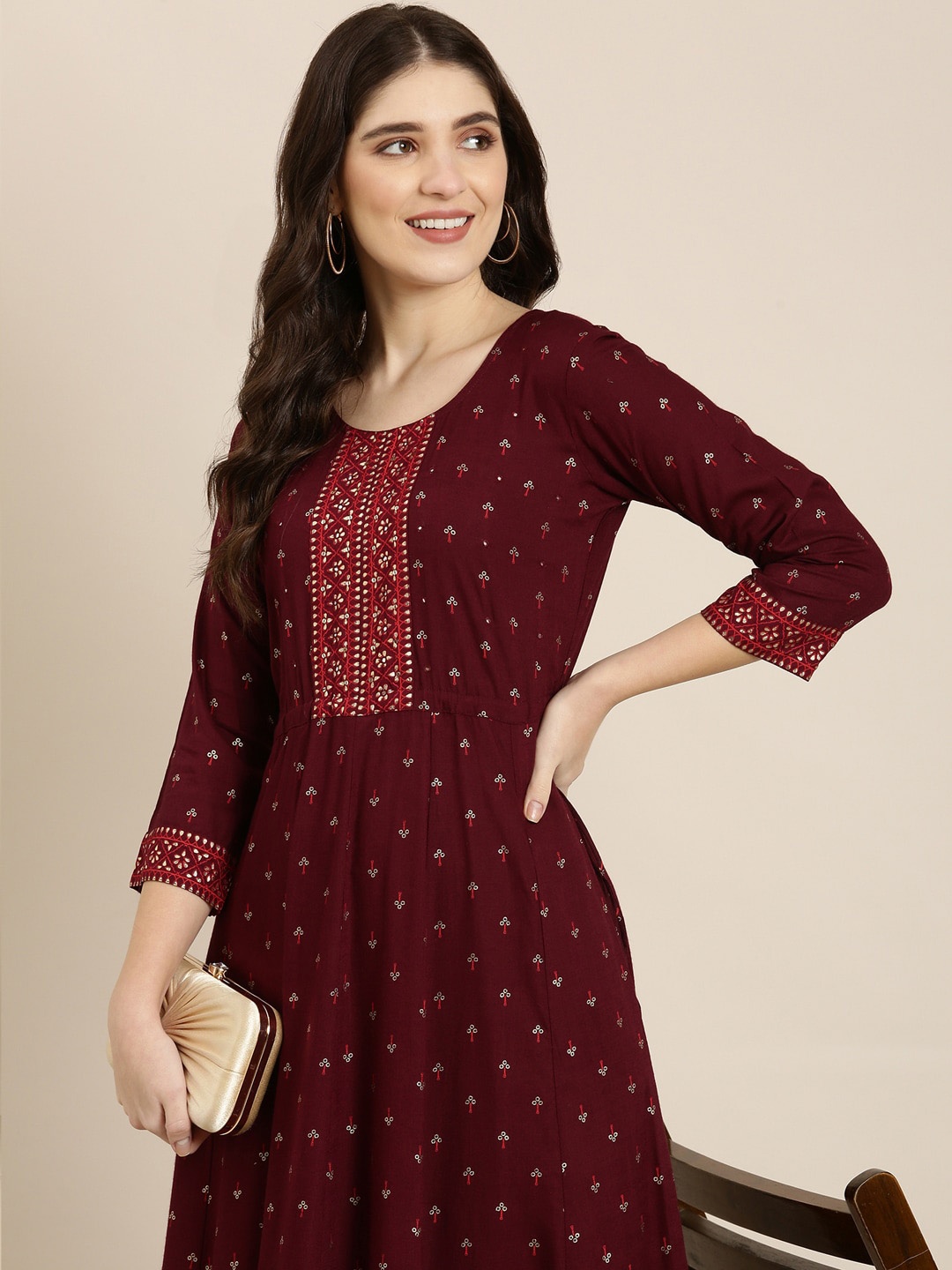 

SHOWOFF Floral Printed Thread Work Anarkali Kurta, Maroon