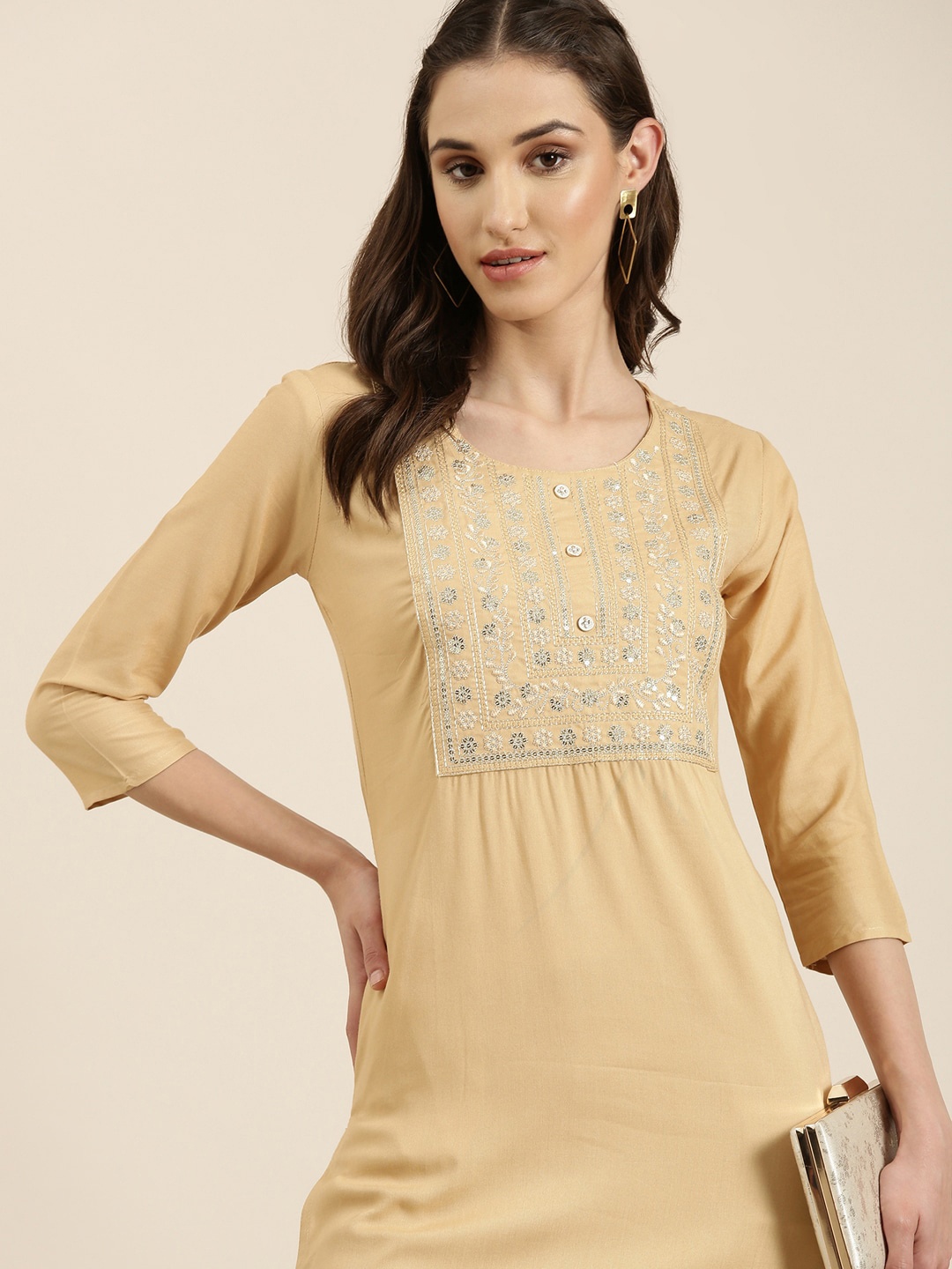 

SHOWOFF Floral Embroidered Sequined Straight Kurta, Beige