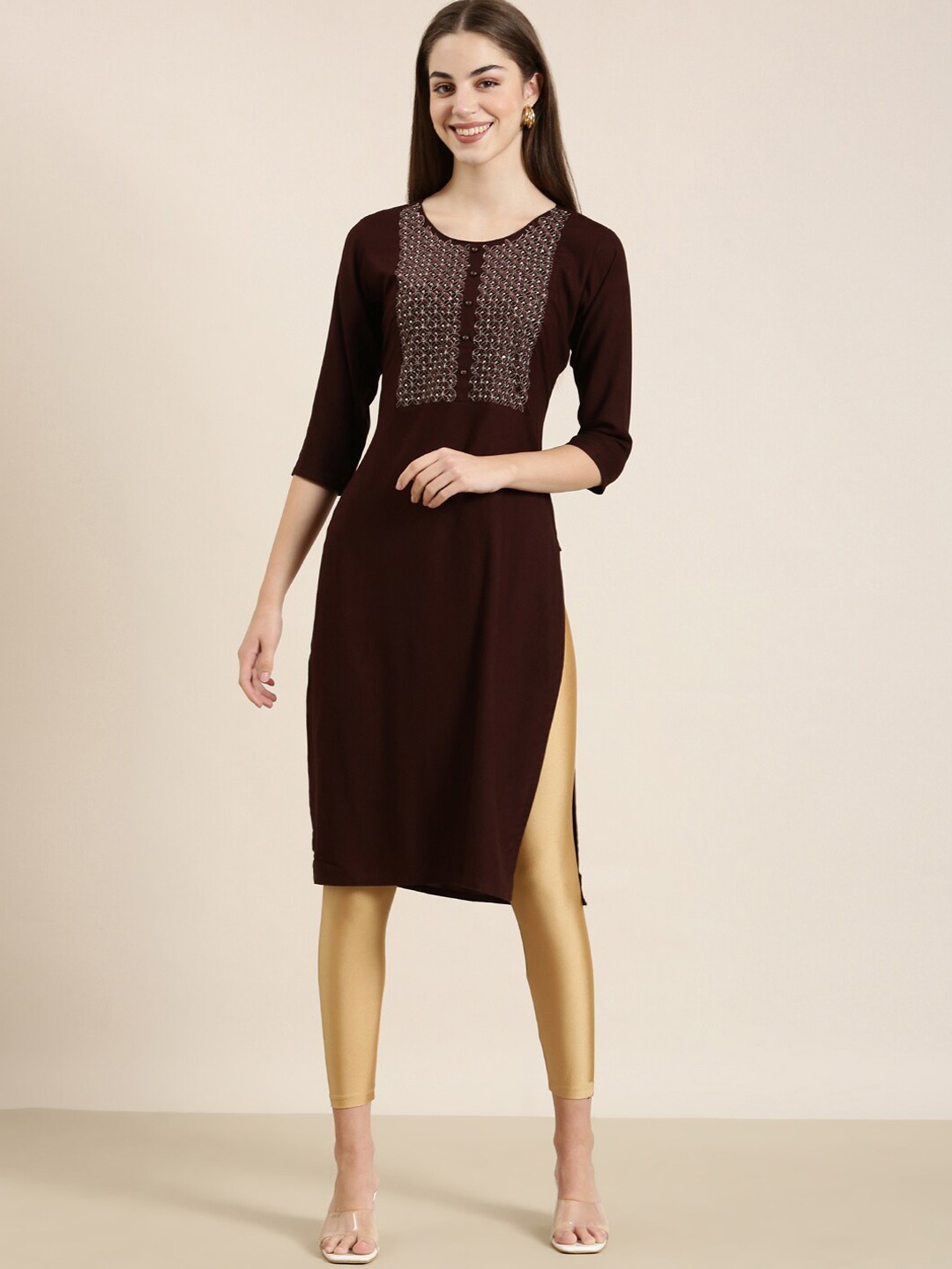 

SHOWOFF Ethnic Motif Embroidered Thread Work Straight Kurta, Coffee brown