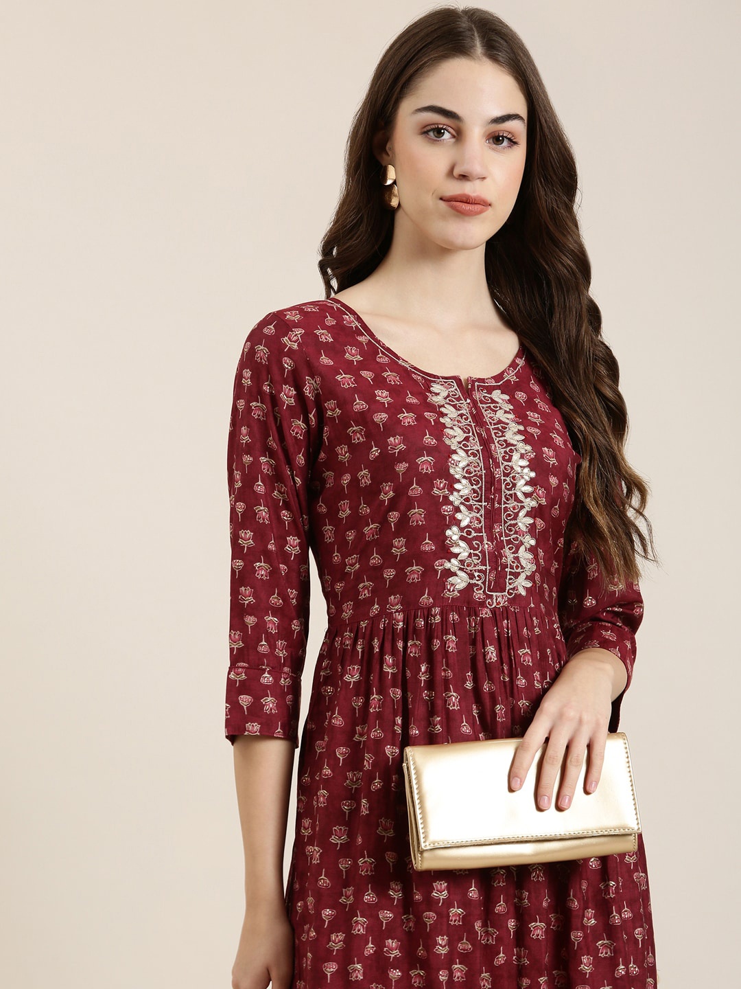 SHOWOFF Floral Printed Thread Work Anarkali Kurta, Maroon