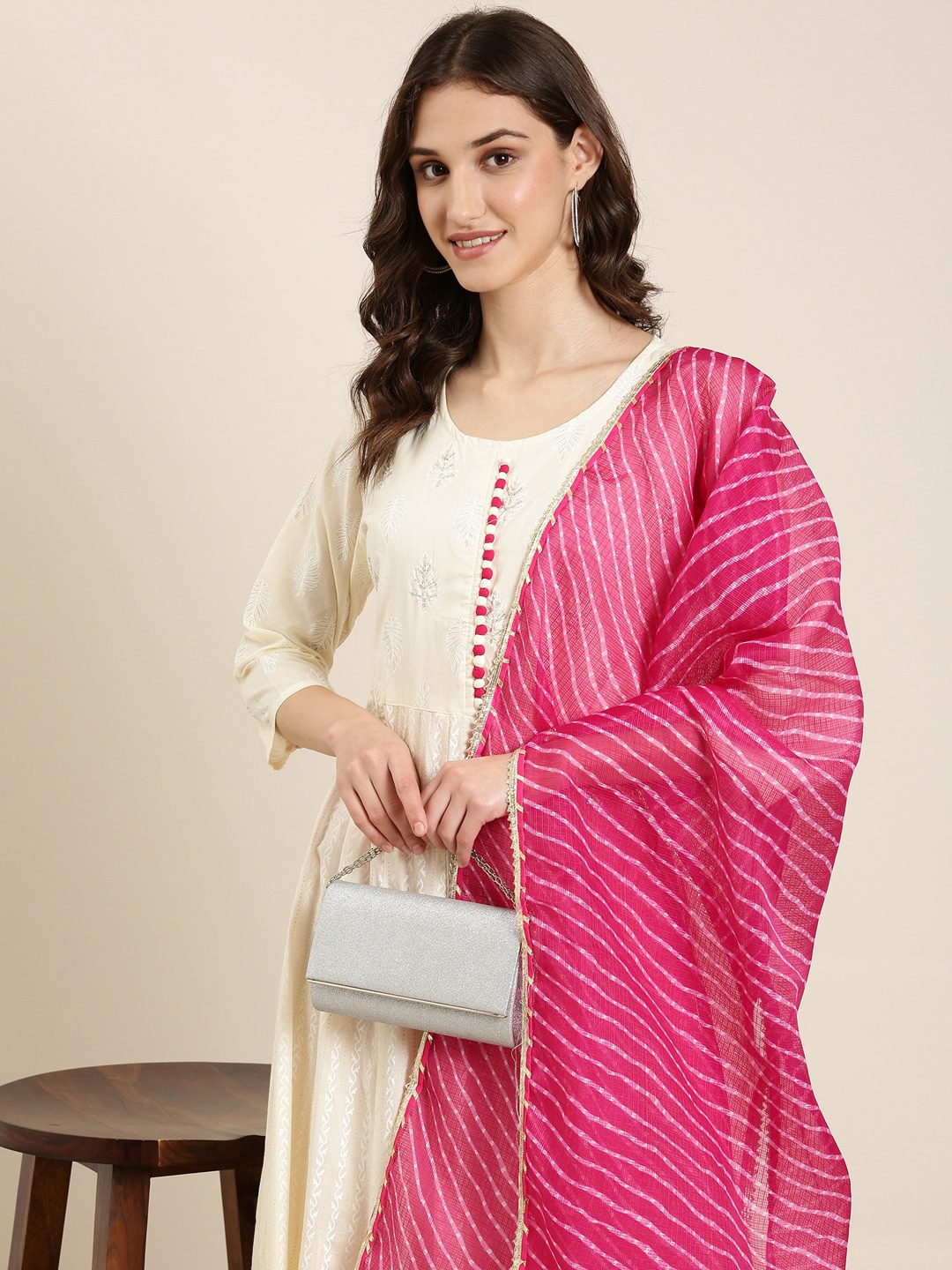 

SHOWOFF Floral Printed Beads Detail Anarkali Kurta, Cream
