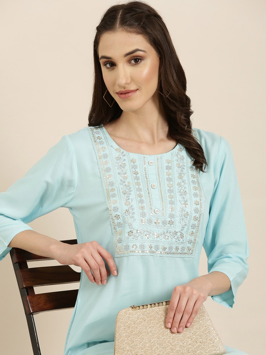 

SHOWOFF Floral Yoke Design Sequinned Kurta, Blue